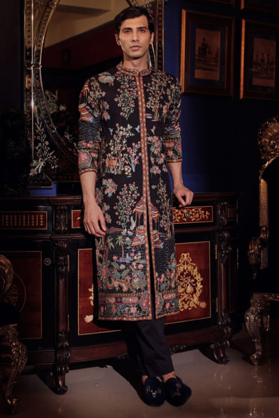 Royal black silk sherwani set