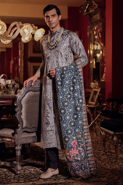 Titanium grey kalamkaari sherwani set