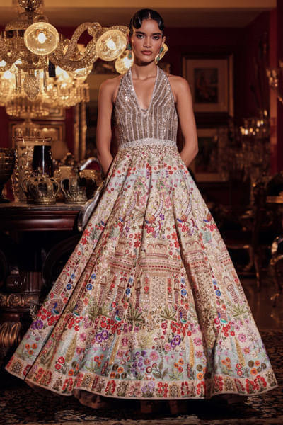 Silver and salmon pink kalamkaari gown