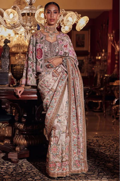 Pearl and gold embroidered sari