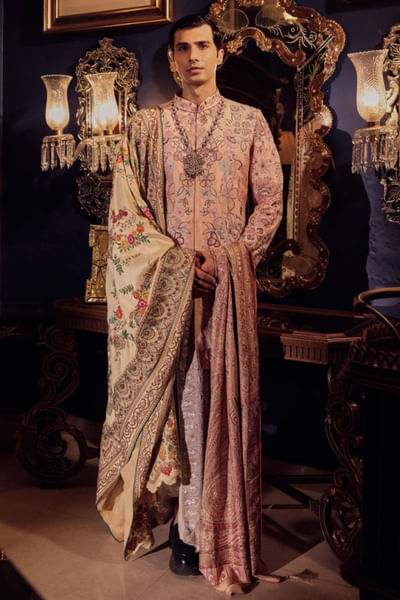 Pink floral embroidered sherwani set