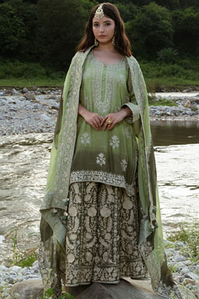 Majestic green embroidered sharara set