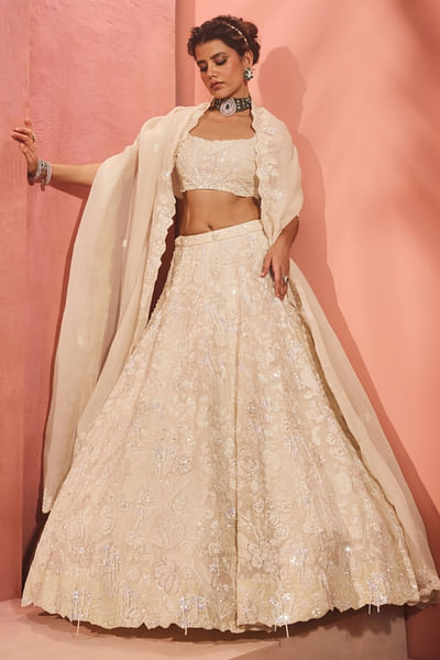 White cutdana embroidered lehenga set