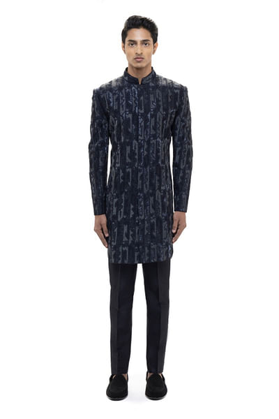 Navy blue aztec embroidered sherwani set