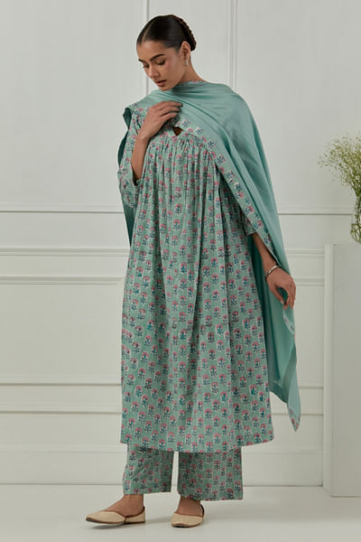 Multicolour floral block printed kurta set