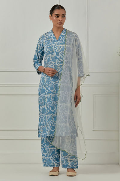 Blue floral block printed kurta set