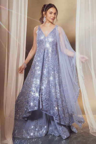 Blue mirror embellished anarkali sharara set
