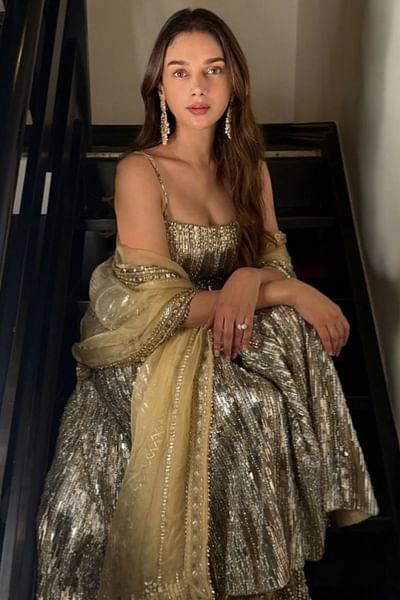 Gold silver crystal embellished sharara set