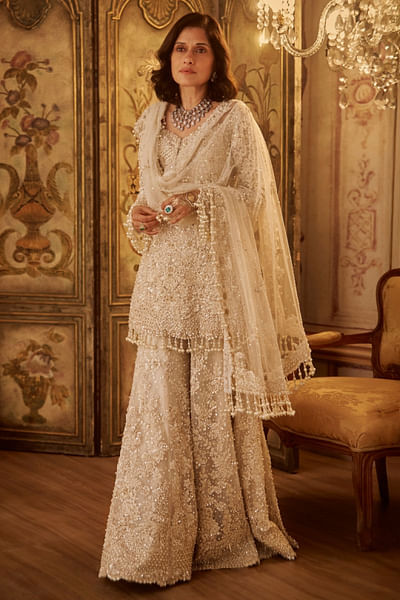Ivory floral embroidered sharara set