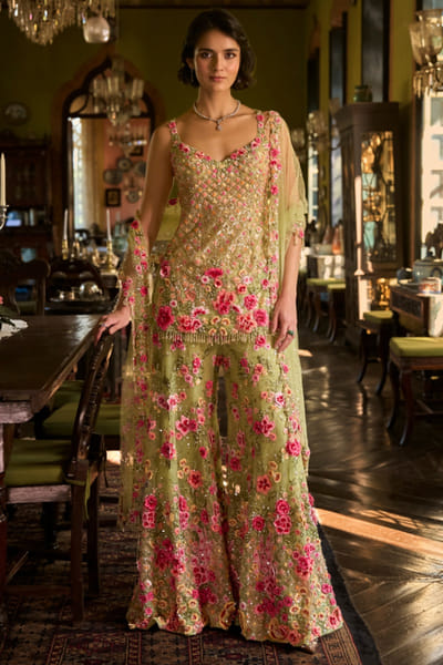 Green 3D floral thread embroidered sharara set