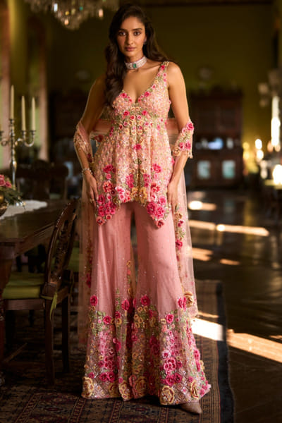 Seema Gujral Pink 3D floral thread embroidered sharara set SEEJAN26D135527