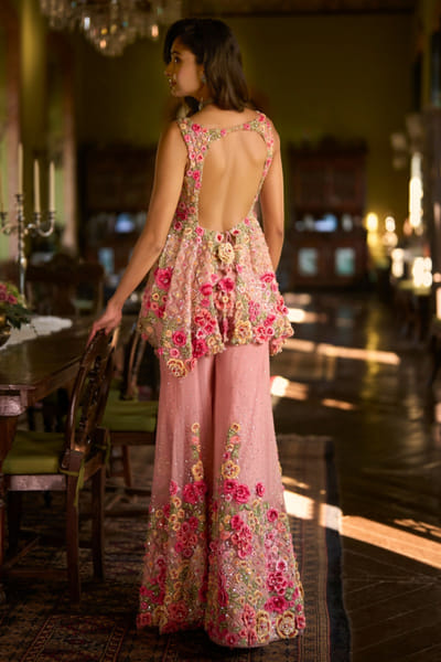 Seema Gujral Pink 3D floral thread embroidered sharara set SEEJAN26D135527