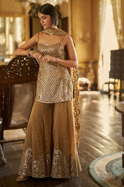 Antique gold mirror embroidered sharara set