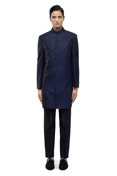 Blue sequin embroidered sherwani set
