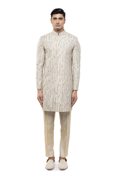 Beige sequin embroidered sherwani set