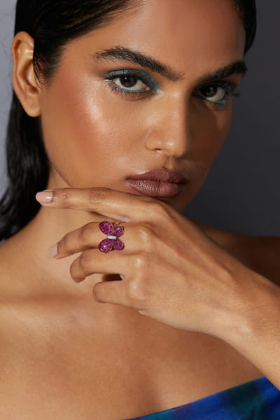 Ruby stone embellished butterfly ring