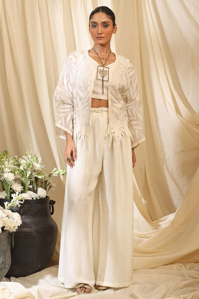 Ivory leaf embroidered jacket set