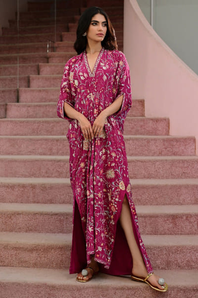 Misha Lakhani Fuchsia embroidered crepe kaftan MISHJUN26D547776