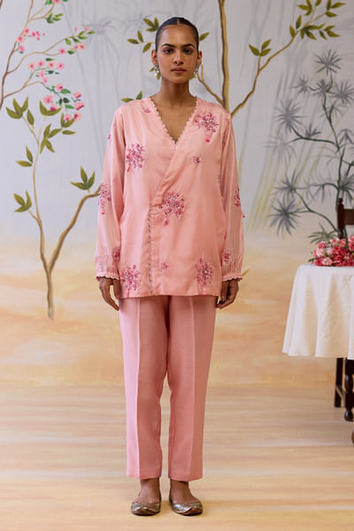 Pink floral embroidered top and pants