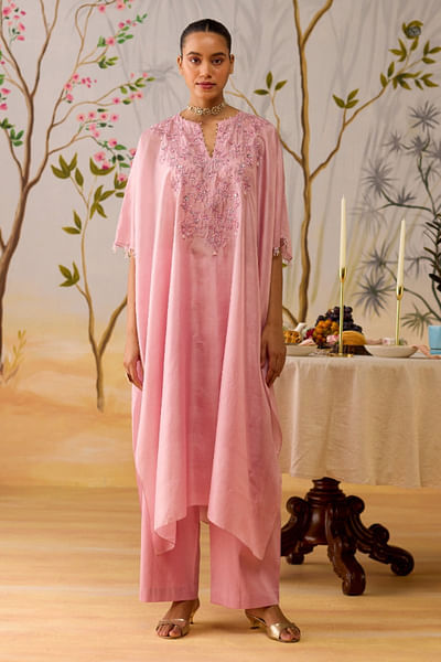 Lilac thread embroidered kaftan set