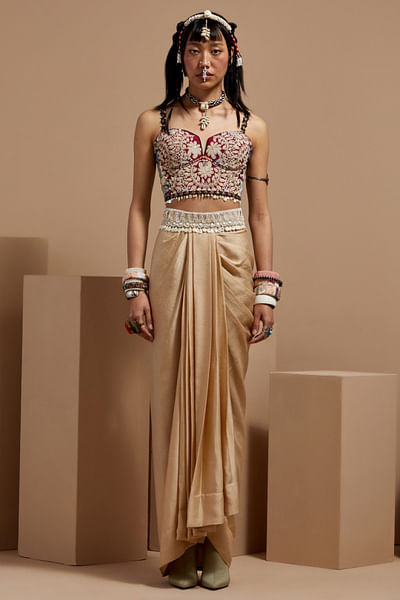 Multicolour embroidered pleated skirt set