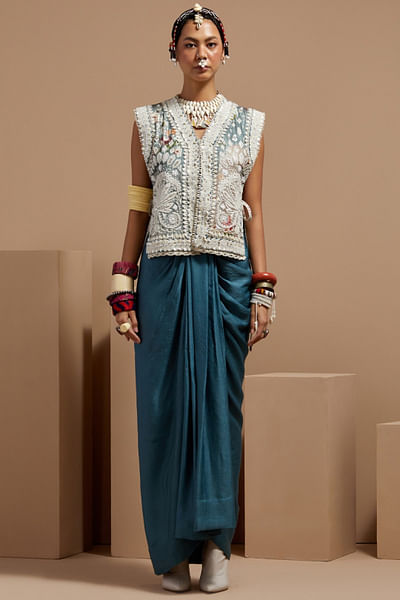 Dull teal embroidered gilet and skirt set