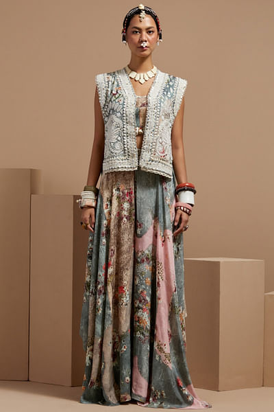 Multicolour floral printed skirt and gilet set