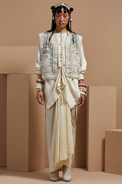 Ivory embroidered gilet and pleated skirt set