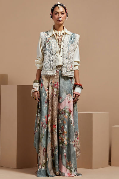 Multicolour embroidered gilet and skirt set