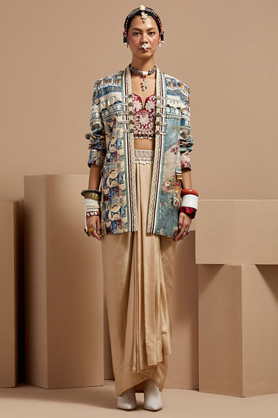 Multicolour geometric printed jacket skirt set