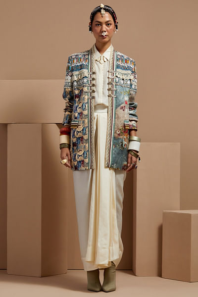 Multicolour geometric print jacket skirt set