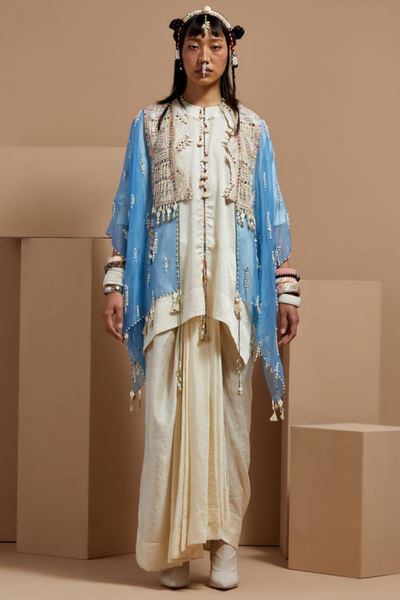 Sky blue embroidered tasselled cape
