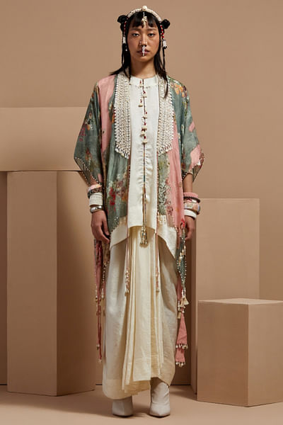 Multicolour floral printed embroidered cape
