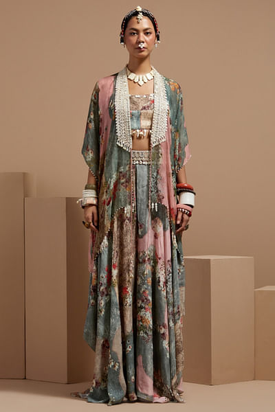 Multicolour floral printed cape and skirt set