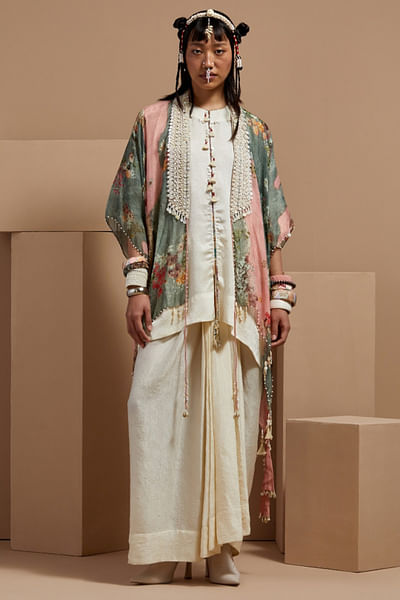 Shell pink floral printed cape and skirt set