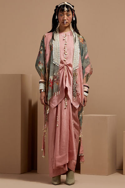 Shell pink floral print cape and skirt set