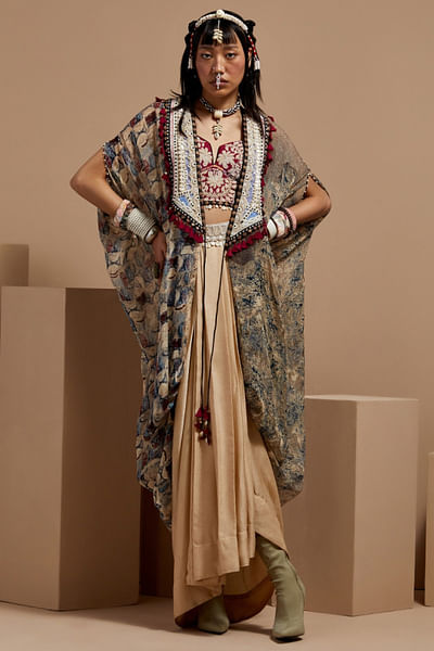 Multicolour geometric print cape and skirt set