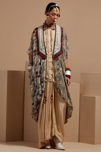 Multicolour geometric print cape skirt set