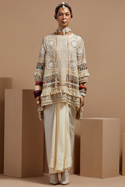 Ivory embroidered print kurta and skirt