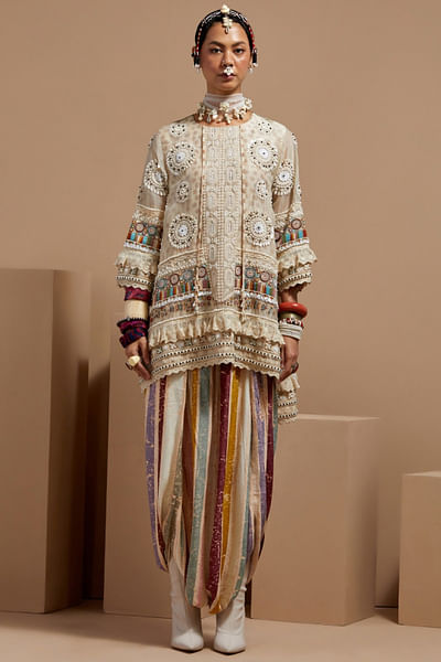 Multicolour embroidered stripe print kurta set