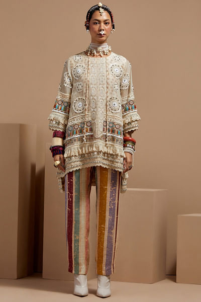 Multicolour stripe print embroidered kurta set