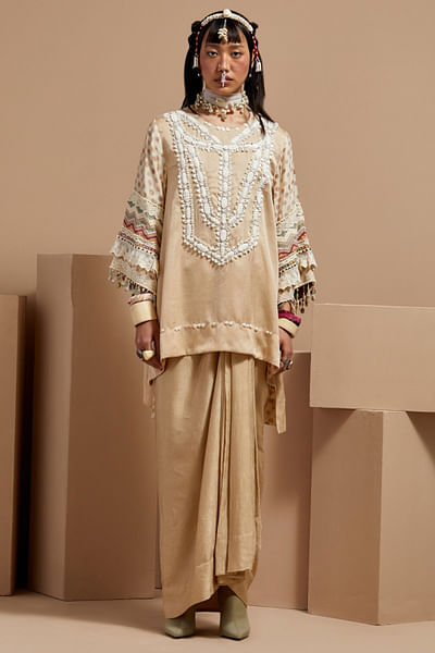 Ecru embroidered kurta and draped skirt
