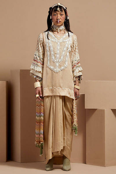 Ecru embroidered kurta and draped skirt set