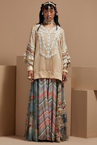Ecru embroidered chevron printed kurta set