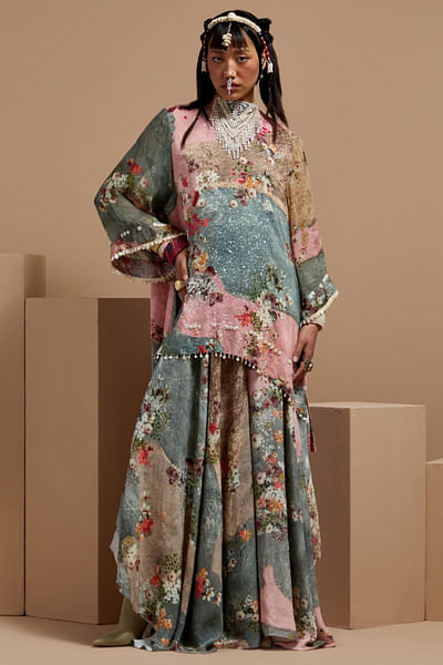 Multicolour floral printed kurta and skirt