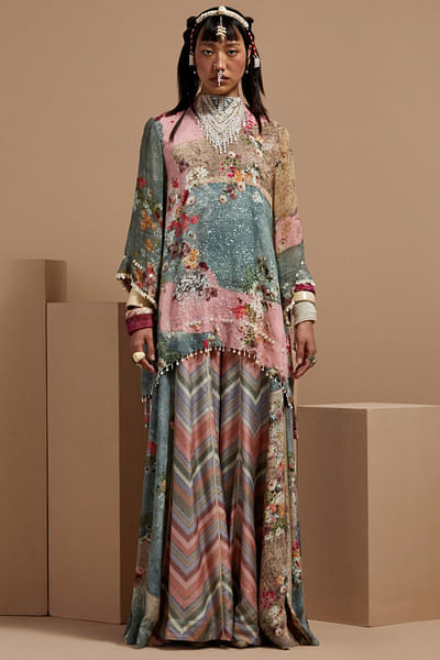 Multicolour floral chevron print sharara set