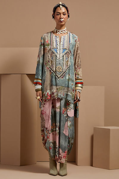 Multicolour floral print embroidered kurta set
