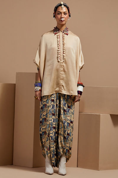 Ecru tasselled embroidered shirt