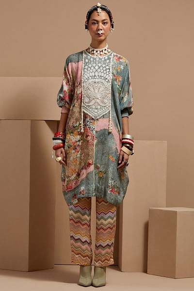 Multicolour floral and chevron print tunic set