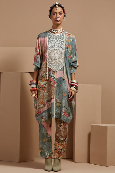 Multicolour floral printed kaftan tunic set